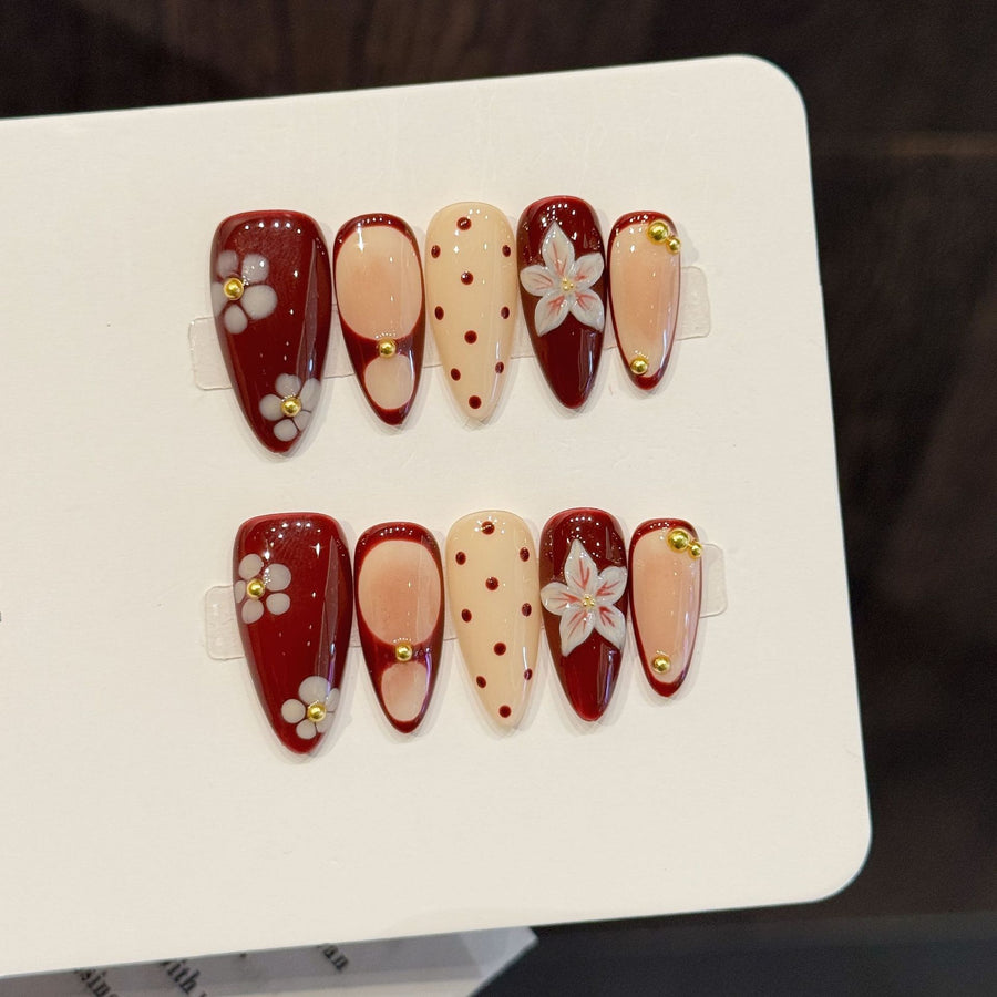 365nails: "Retro Cherry Blossom" – 3D Floral Polka Dot Handmade Almond Nails