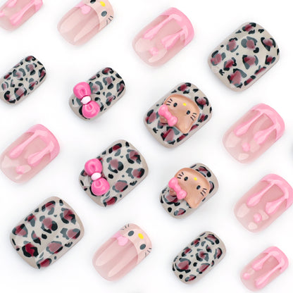 Unhas de pressão com laço de gato tridimensional, manicure francesa 3D em bolo de creme rosa, peça de unha com estampa de leopardo para outono e inverno｜365nails