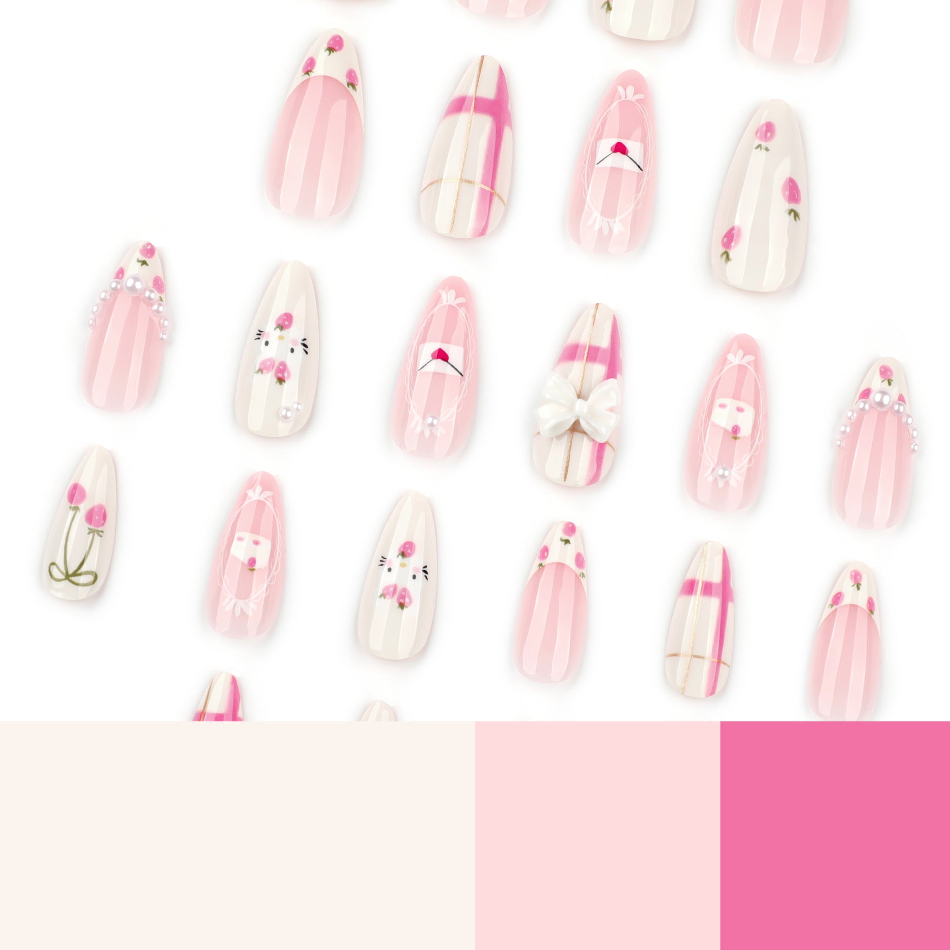 甜美風藝術穿戴甲 杏仁形 可愛草莓可拆式成品批發｜365nails