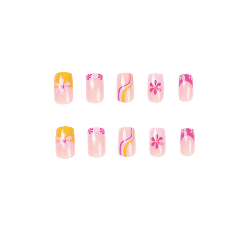 粉黃邊法式花朵波浪成品甲片 批發｜365nails