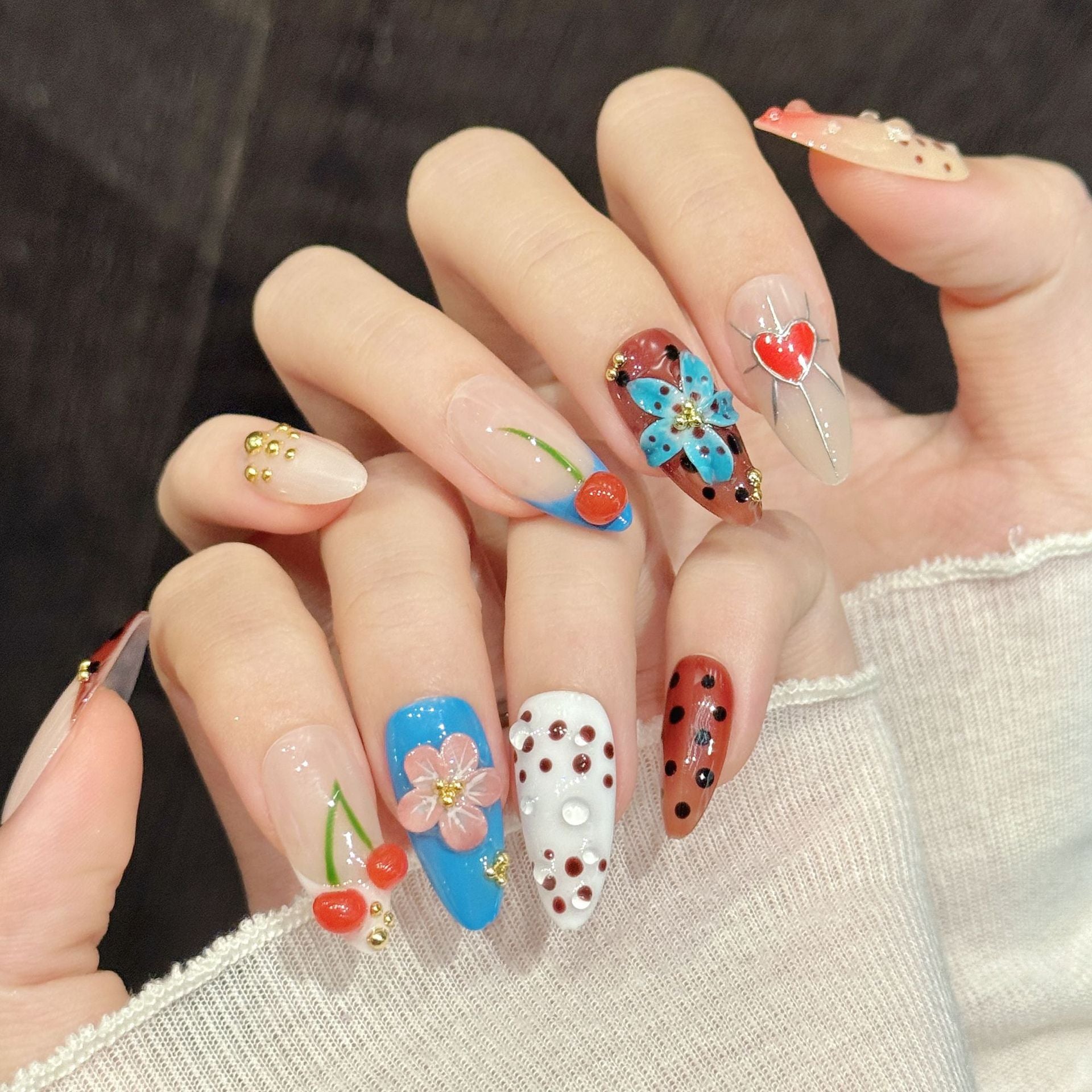 365nails: "Summer Fruit Salad" – 3D Fruit & Floral Handmade Almond Nails