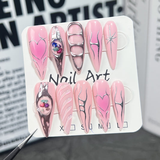 Handemade press on nails Colored Stone Baroque Metal Blush Nail Creative Hand Painted Lines Sweet Cool Nail Art｜365nails
