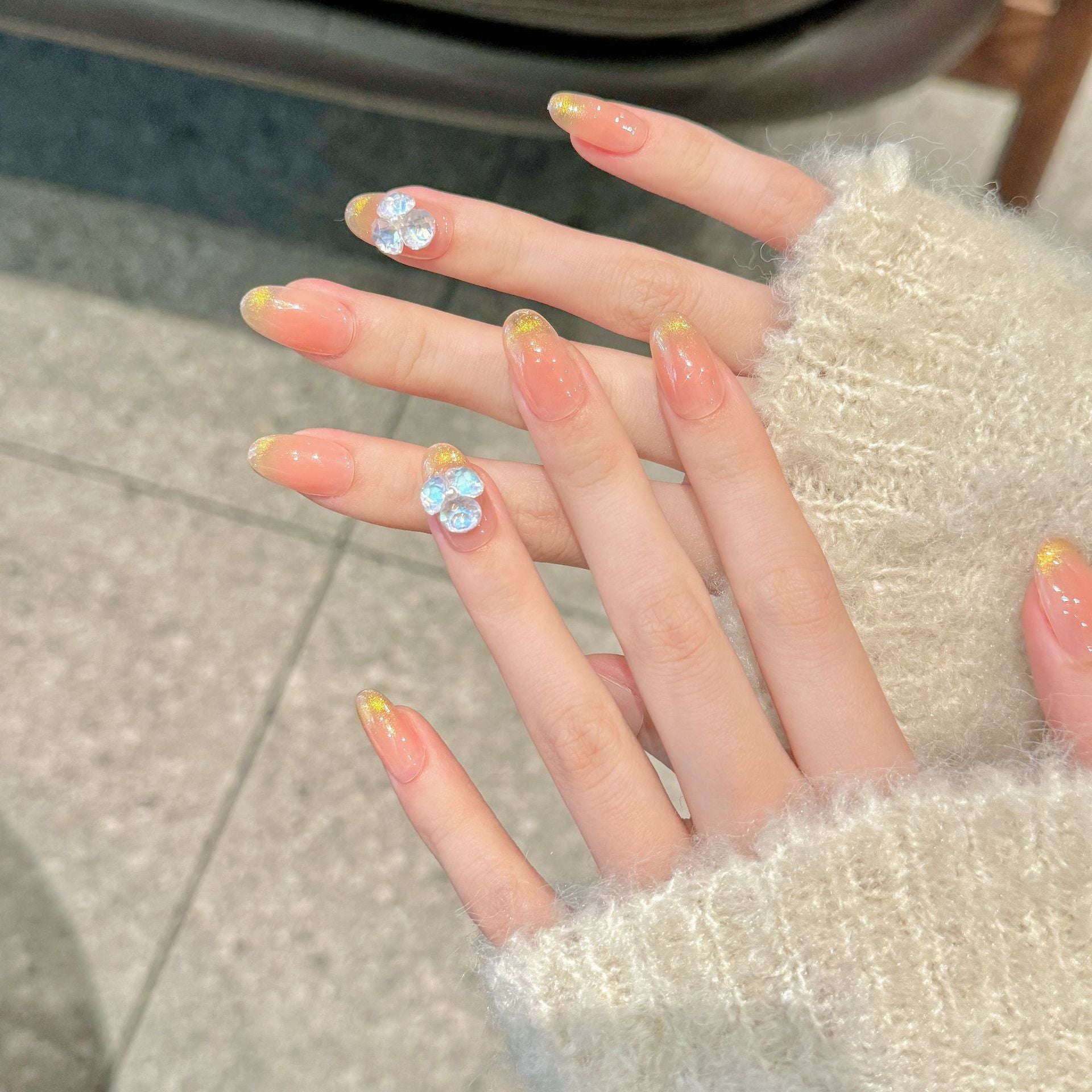 365nails: "Sunset Aura" – Iridescent Cat Eye & Crystal Flower Handmade Almond Nails