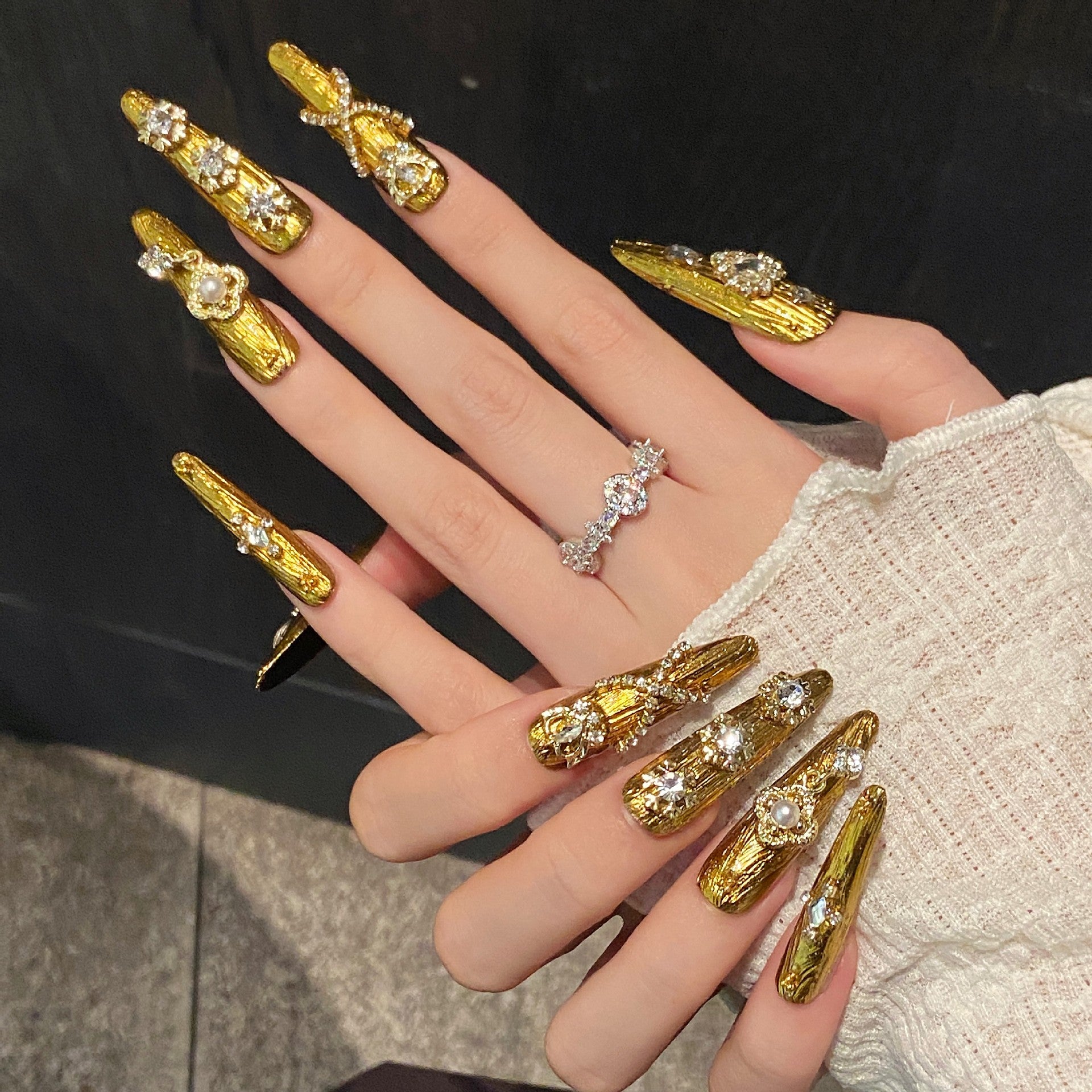 365nails: "Gilded Baroque" – 3D Floral & Crystal Handmade Long Almond Nails