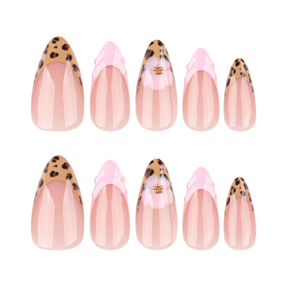 French leopard print flash 3D almond shape press-on nails
