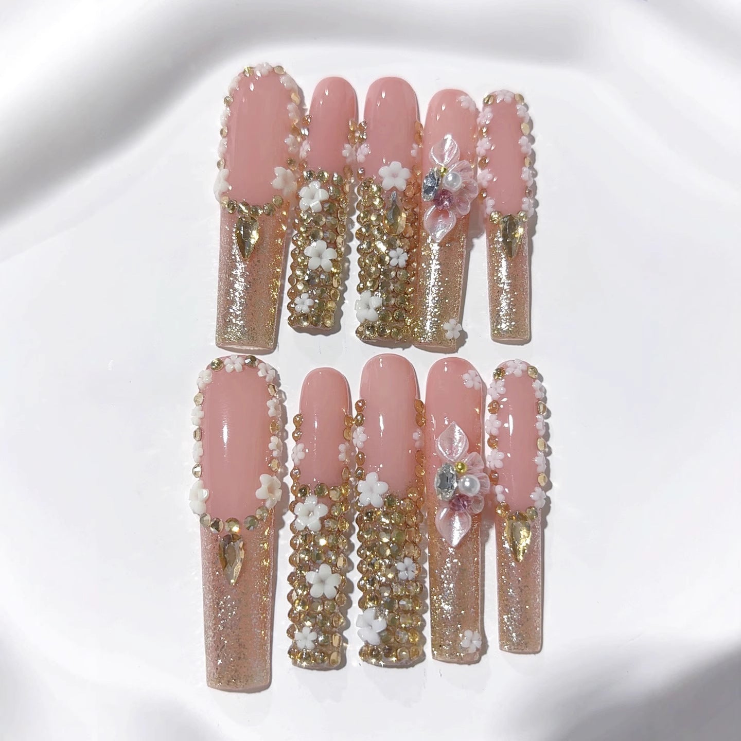 Blush Gold Floral Crystal Luxury Press On Nails