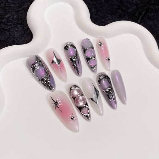 Handmade Nail Niche Spice Girl Sweet Cool Metal Three-dimensional Nail Patch Aurora Blush Wearable Nail Patch｜365nails