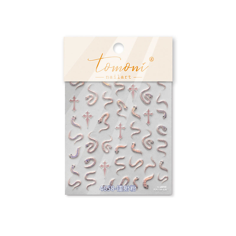 Holographic Snake & Cross: "Laser Pink Snake & Cross" – 5D Embossed Nail Sticker