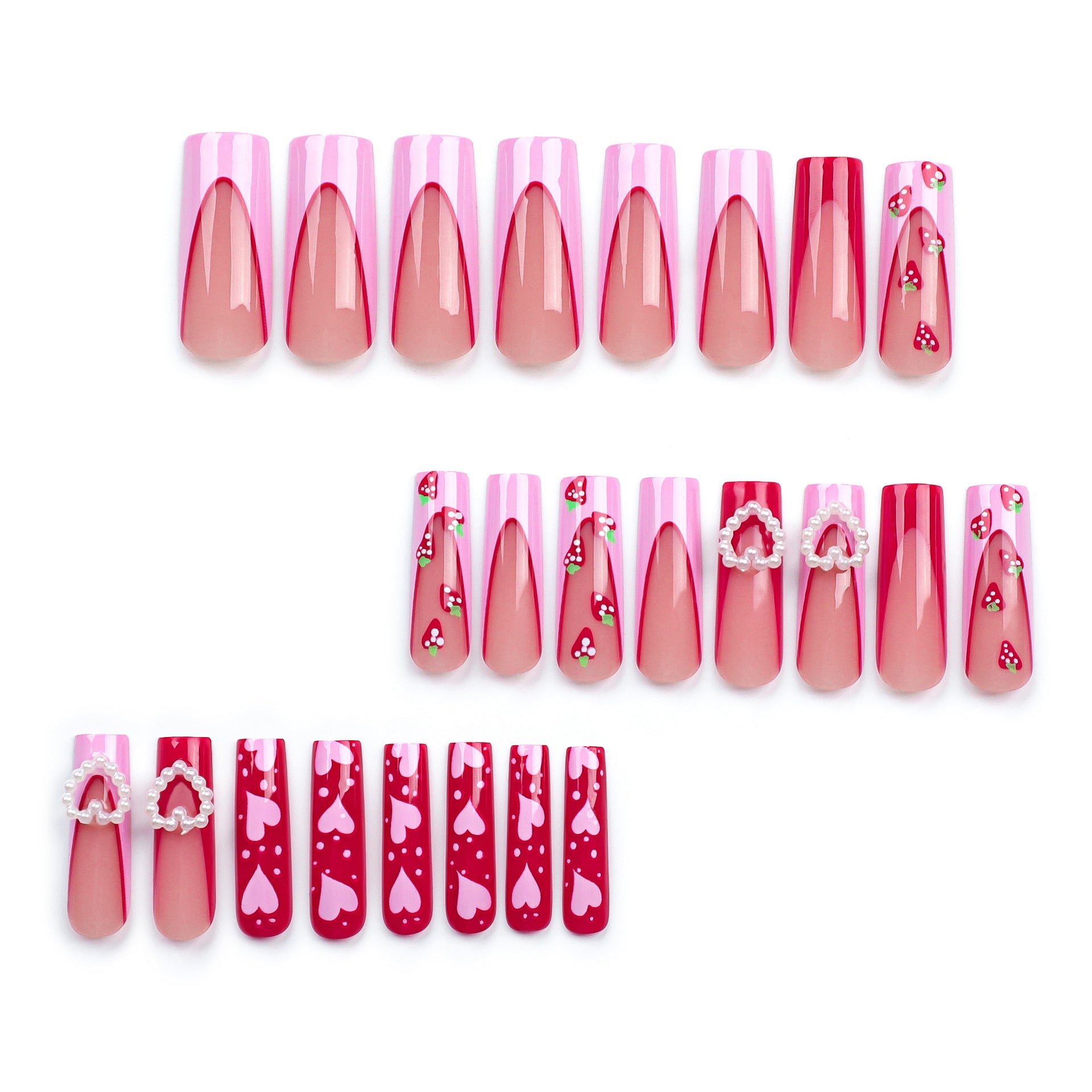Valentine's Day pink three-dimensional love pearl  long French strawberry nail piece finished product wholesale｜365nails