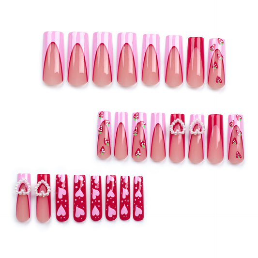 Valentine's Day pink three-dimensional love pearl  long French strawberry nail piece finished product wholesale｜365nails