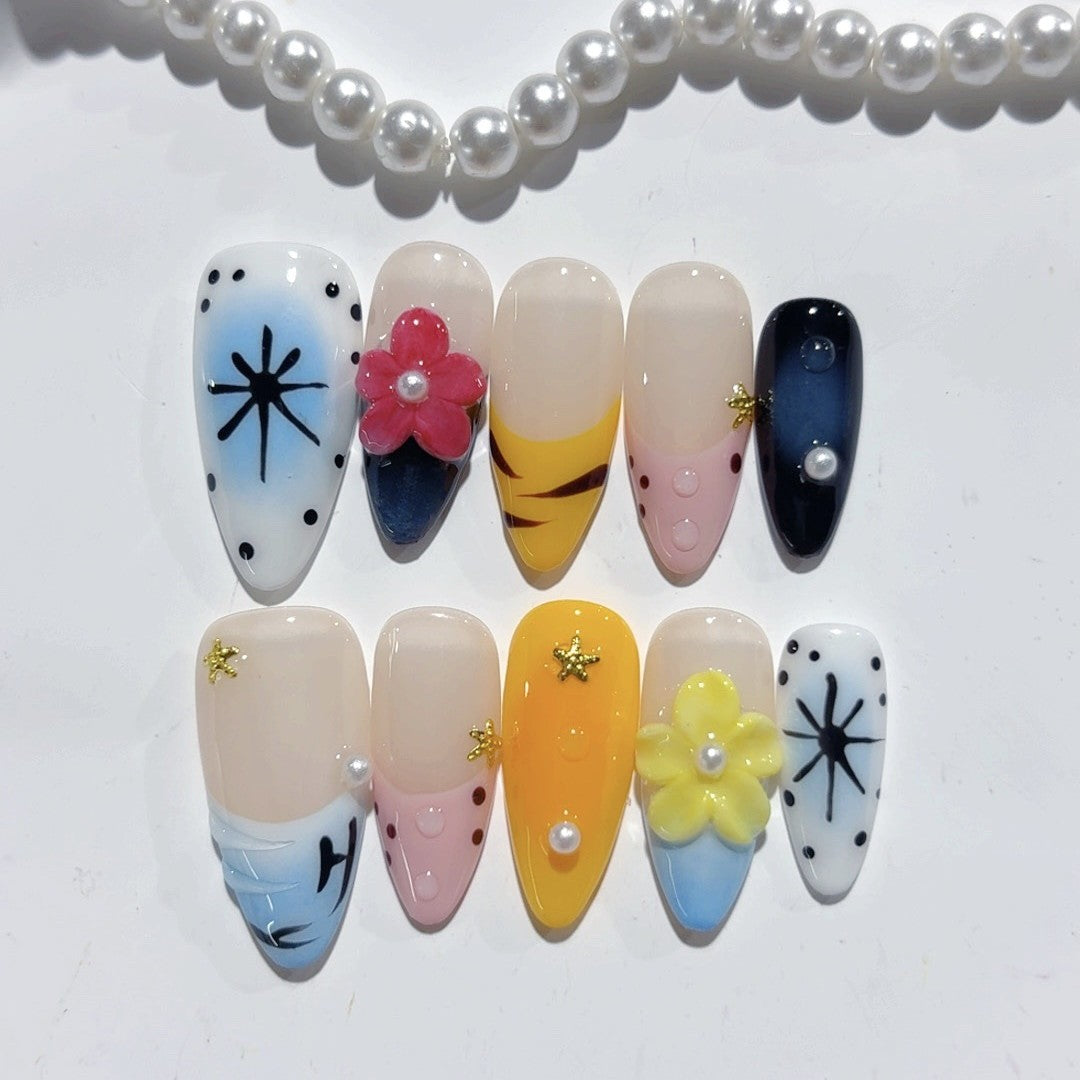 365nails-波普花卉：「繽紛混搭」 – 杏仁形 手工製 3D 雕刻 穿戴甲