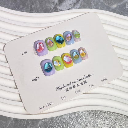 Purely handmade worn nail macaron aurora ice diamond summer fresh short nail wearable nail sticker nail patch｜365nails