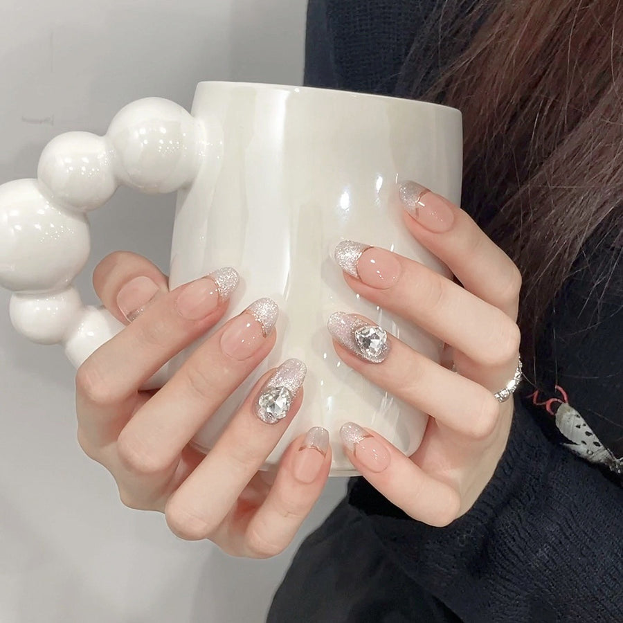 365nails: "Silver Lining" – 3D Gem & Glitter Handmade Almond Nails