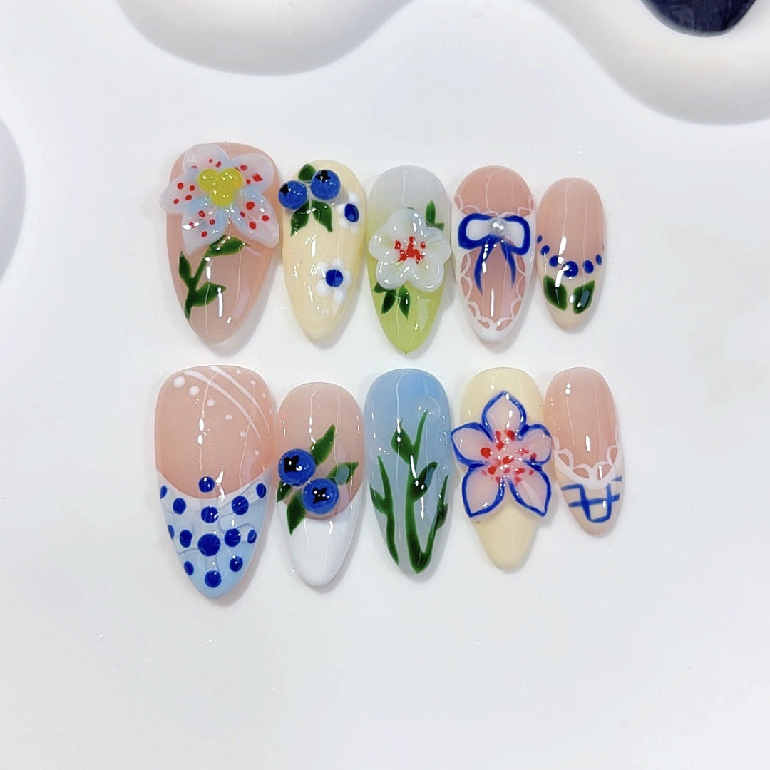 Meadow Bloom: "Wildflower Blueberry" – Almond Shape Handmade Press-Ons