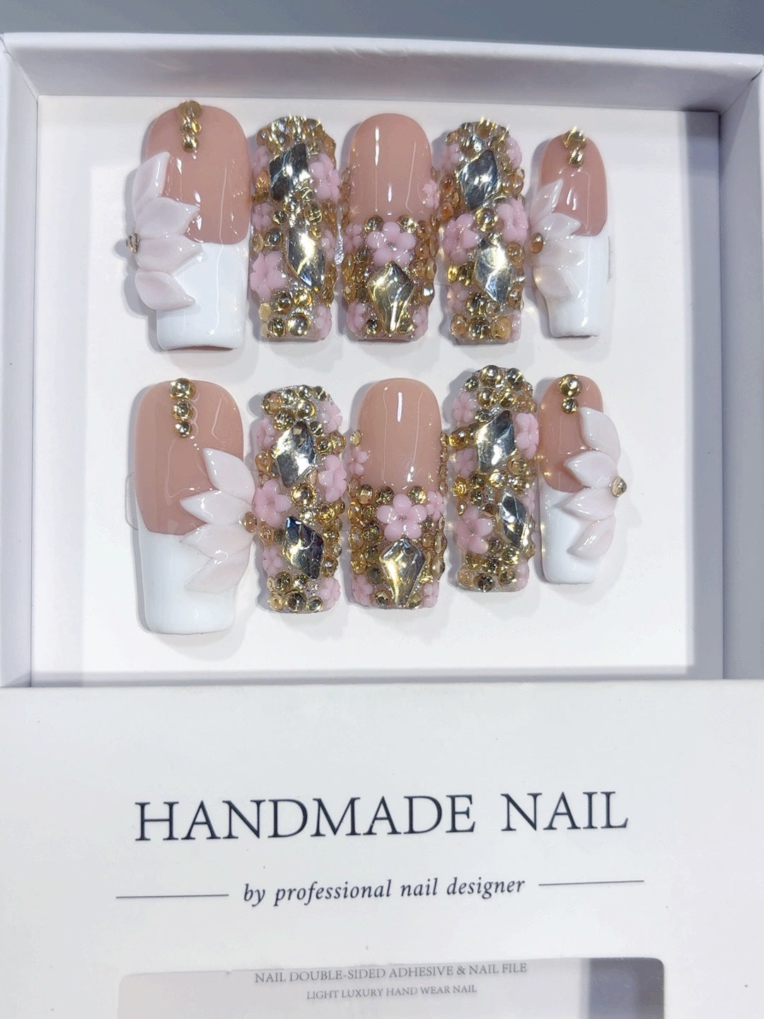 365nails: "Golden Sakura Bow" – Short Square Nude French 3D Flower Handmade Press-On Nails