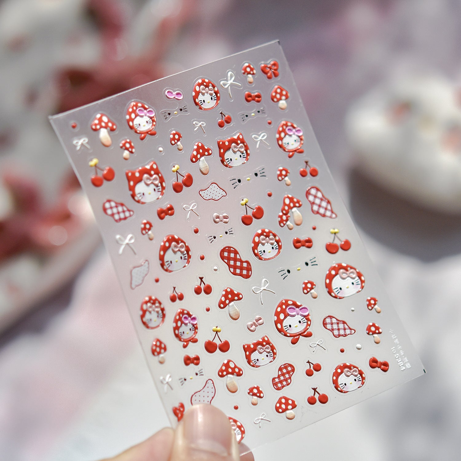 Hello Kitty Red Cherry & Mushroom Collection: "Cute Hello Kitty" – 3D Embossed Nail Sticker