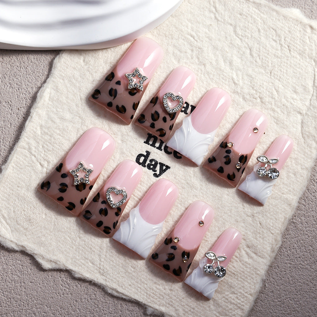 Sweet Pink Leopard Heart Crystal Press On Nails