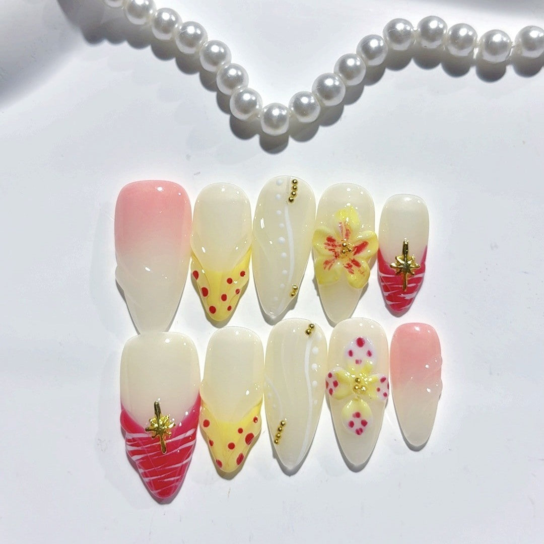 365nails：「草莓花卉波普」– 中長款杏仁形黃紅色水果花卉手工製穿戴甲