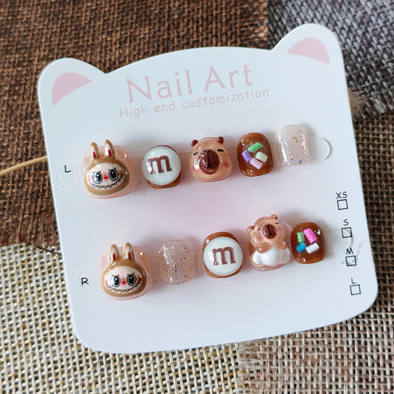 365Nails: "Labubu & Capibara Snack Time" – Handmade Cute Short Oval Press On Nails