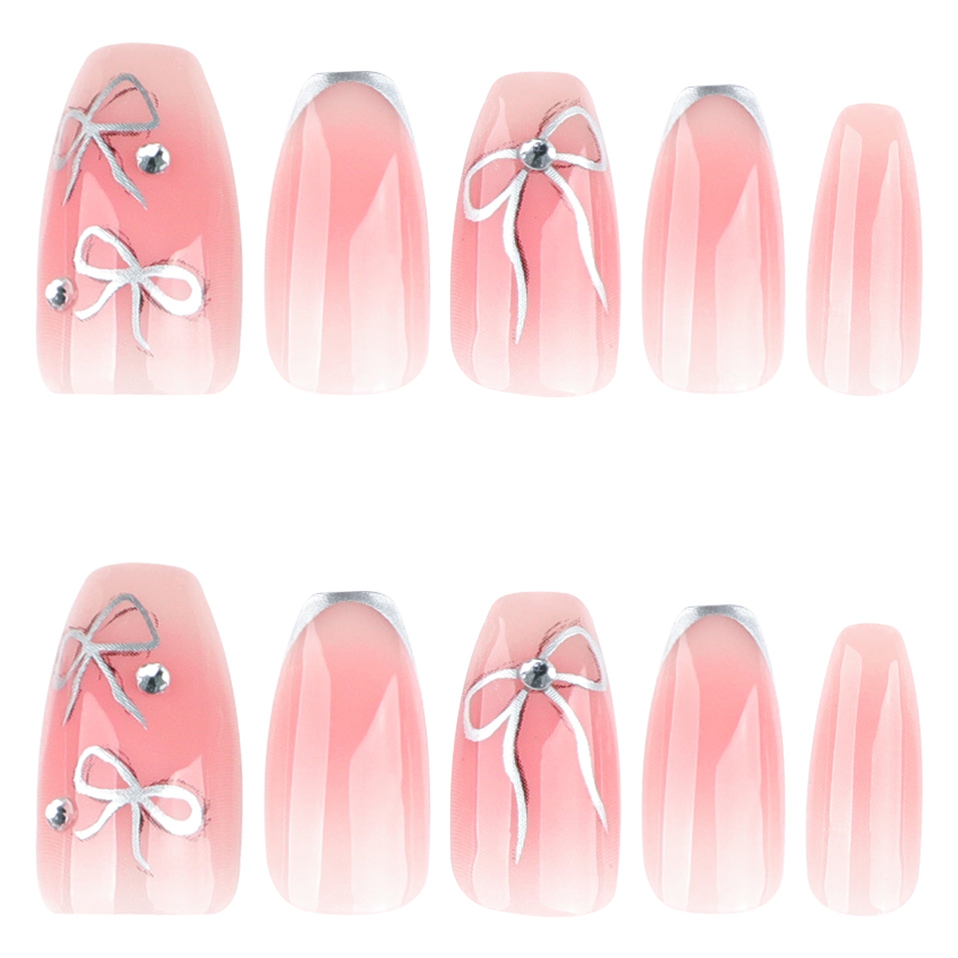 Conjunto de unhas postiças rosa nude com laço prateado