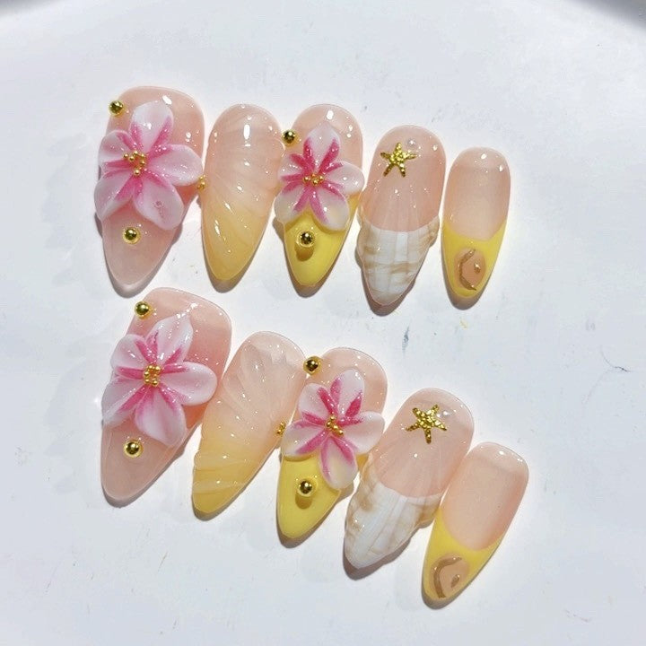 365nails-Beach Blossom: "3D Floral & Shell" – Medium Almond Handmade Nails