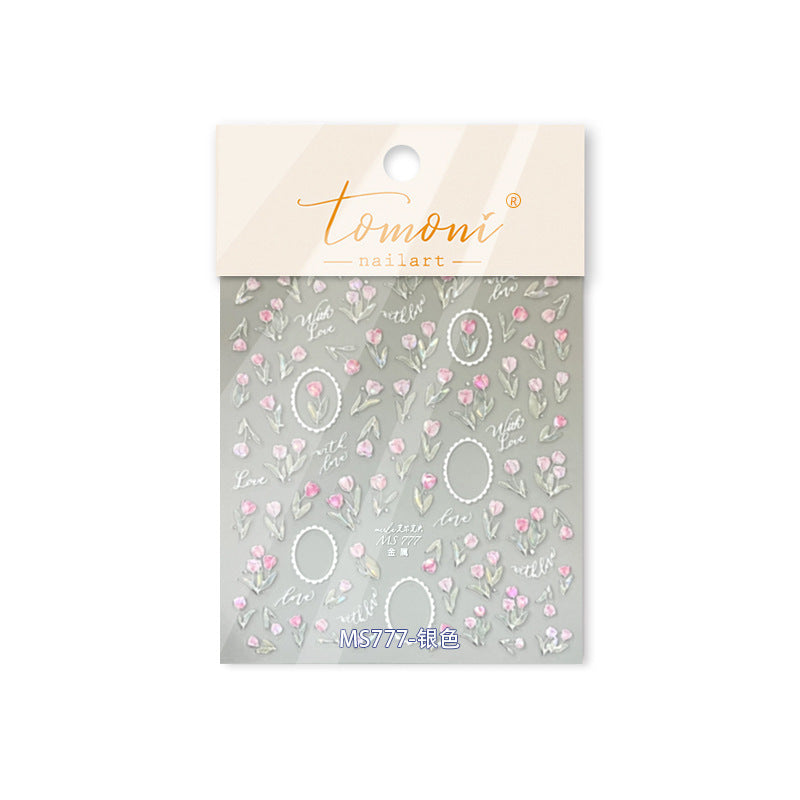 Pastel Tulip & Love Phrase: "Romantic Tulip Garden" – 5D Embossed Nail Sticker
