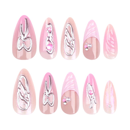 Espelho mágico tridimensional com laço rosa prateado, unhas postiças artísticas em atacado, unhas postiças francesas 3D rosa ｜365nails