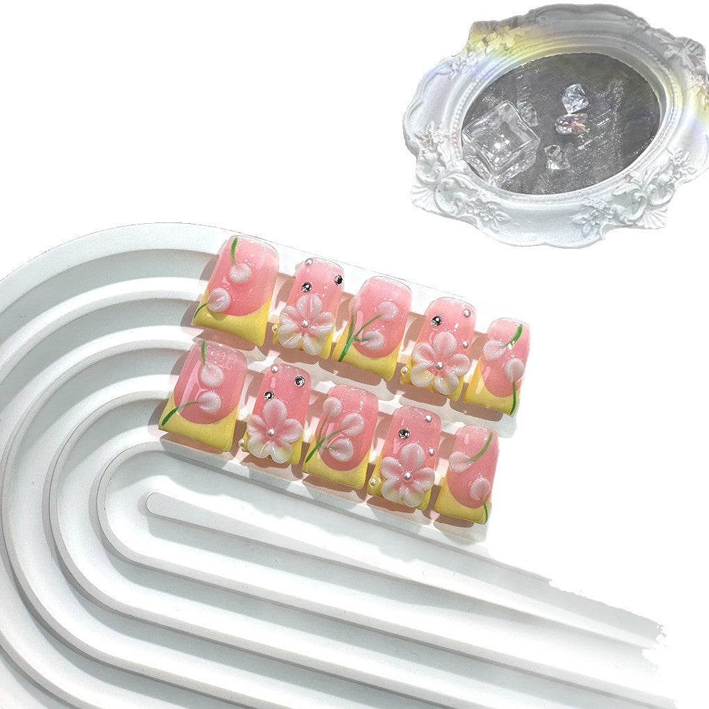 Pink Yellow Floral Jelly Press On Nails