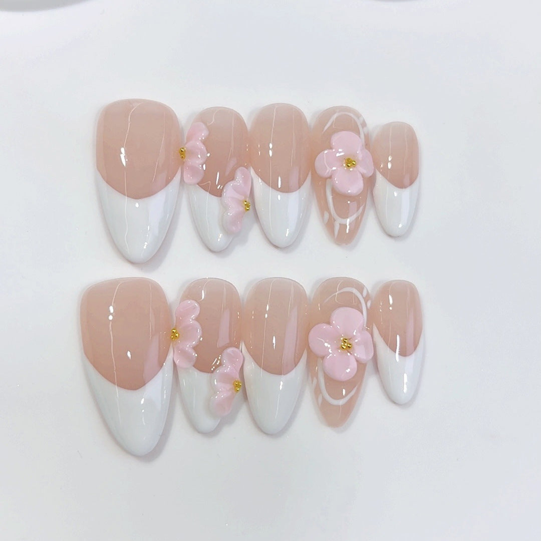 Elegância Floral: "Rosa Cereja Francês" – Unhas Postiças Artesanais Formato Amêndoa