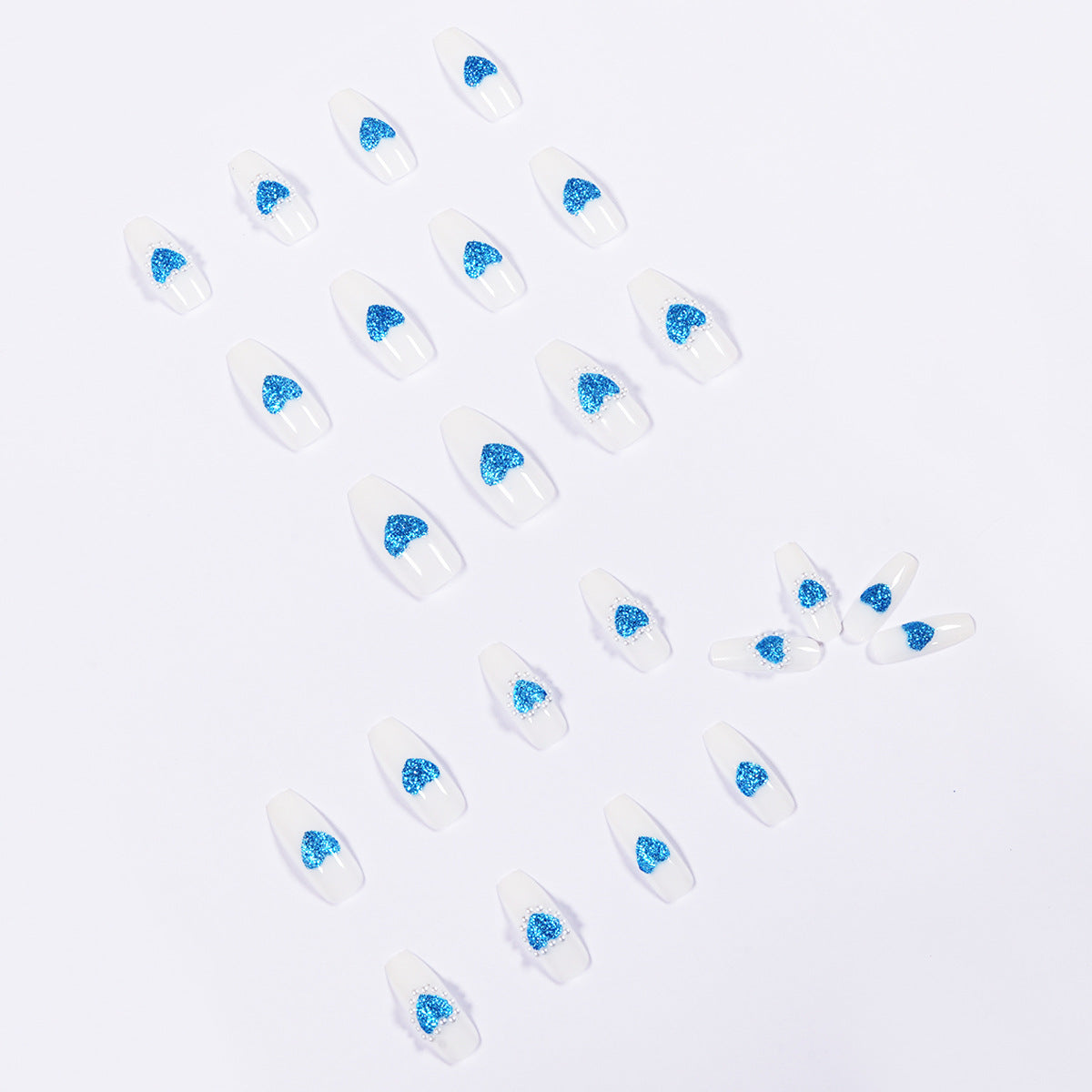Glitter Blue Heart Full of Pearls Wear Nail Art Finished Fake Nail Nail Art Patch Nail Patch Removable Nail Patch｜365nails