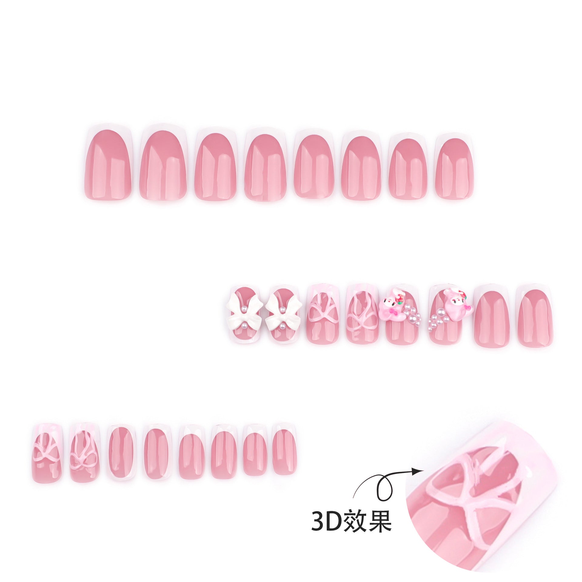 Unhas postiças francesas de pressão com bordas brancas e rosas, laço tridimensional, unhas curtas quadradas para manicure, atacado ｜365nails