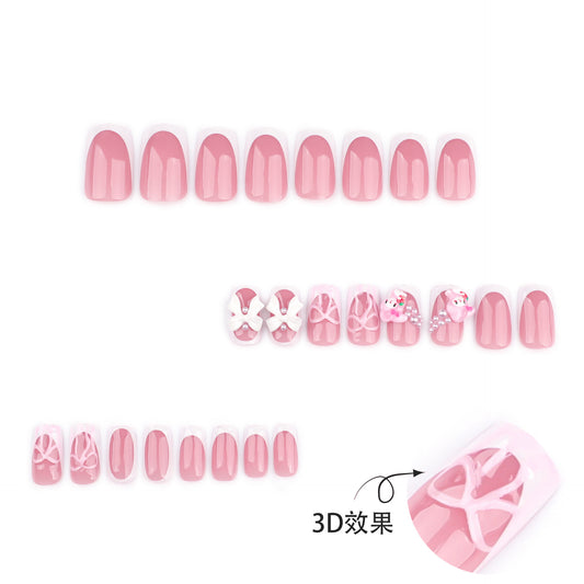 Sweet pink French white edge wearing nail three-dimensional bow fake nail short square manicure nail piece wholesale｜365nails