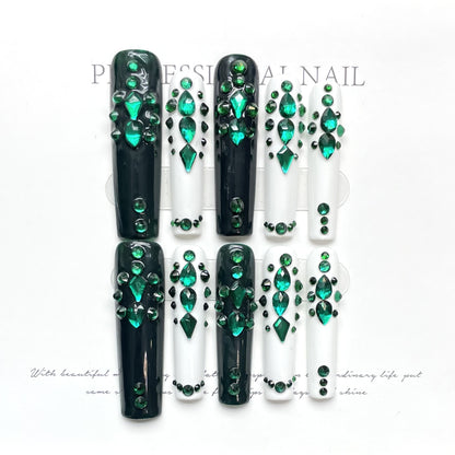 Pure handmade nails emerald long explosive flash diamond heavy industry diamond nail art source factory | 365nails