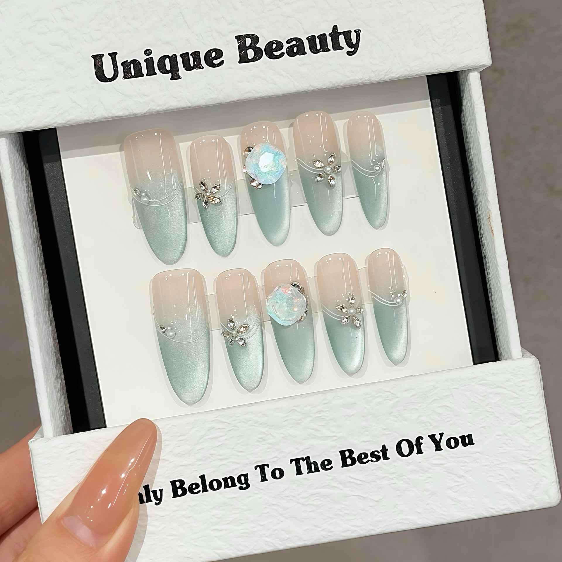 365nails: "Aurora Whisper" – Handcrafted Mint Ombre & Crystal Accents Almond Nails