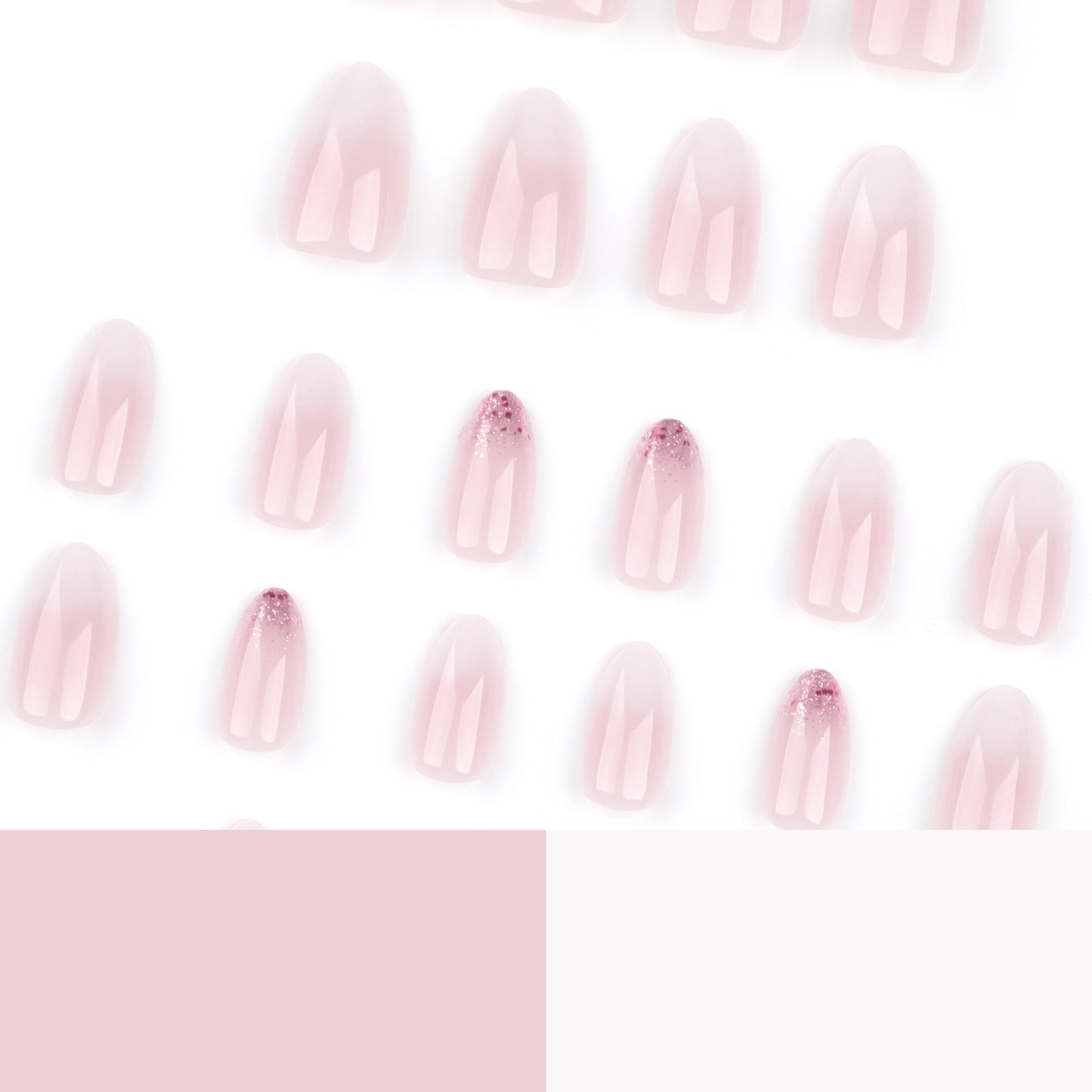 Unhas falsas com glitter, arte em unhas simples francesas, rosa e branco, mudança gradual, removível, curtas e com ponta curta｜365nails