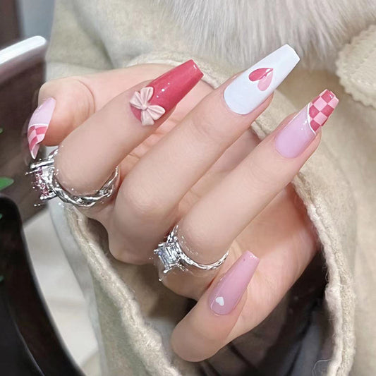 Wear nail nail patch ice through grapefruit red checkerboard nail whitening fake nail nail patch wholesale｜365nails