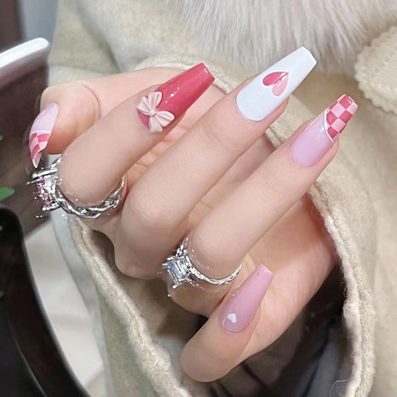 冰透葡萄柚紅格紋穿戴甲｜亮白款｜批發｜365nails