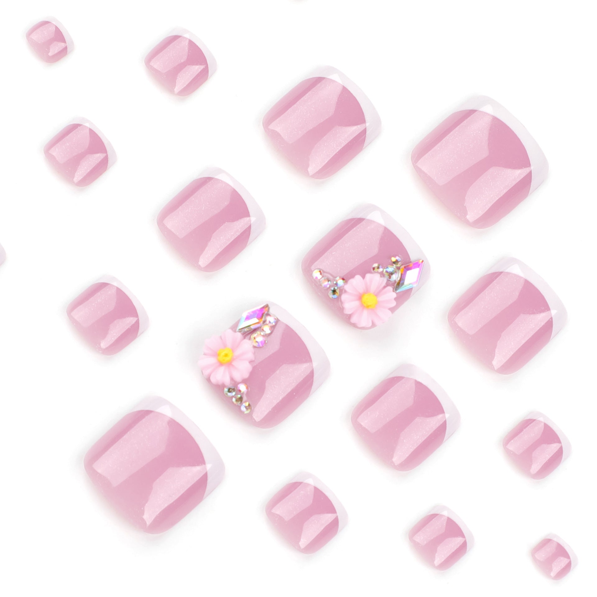 簡約法式白色足部穿戴甲 夏日新款 花朵閃鑽趾甲片 批發｜365nails