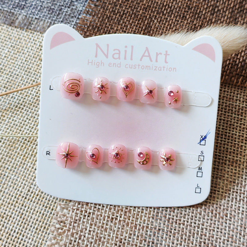 Pink Starry Kids Series: "Golden Star Sparkle" – Short Square Kids Nail Art