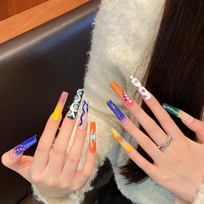 Extra long funny cartoon cute handmade nails personalized  hand-painted fake nails removable nail | 365nails