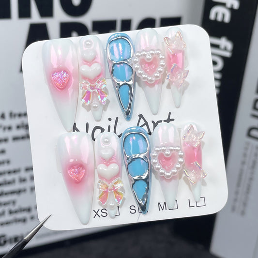 Airbrush Blush Handmade Press-on Nails  Long Tip Aurora Nail Sweet Spice Girl Long Nail Art Wear Fake Nails｜365nails