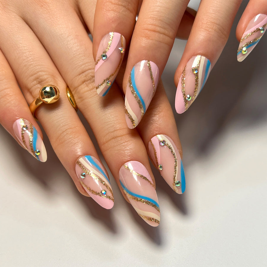 Pièce d'ongle portable rayé couleur paillettes dorées art d'ongle ondulé strass pointu ongle forme amande faux ongle faux ongle｜365nails