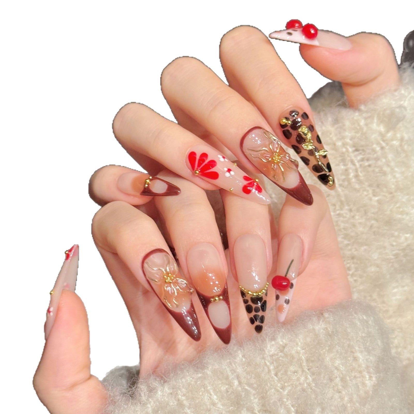 365nails: "Cherry Leopard" – 3D Floral & Crystal Handmade Stiletto Nails