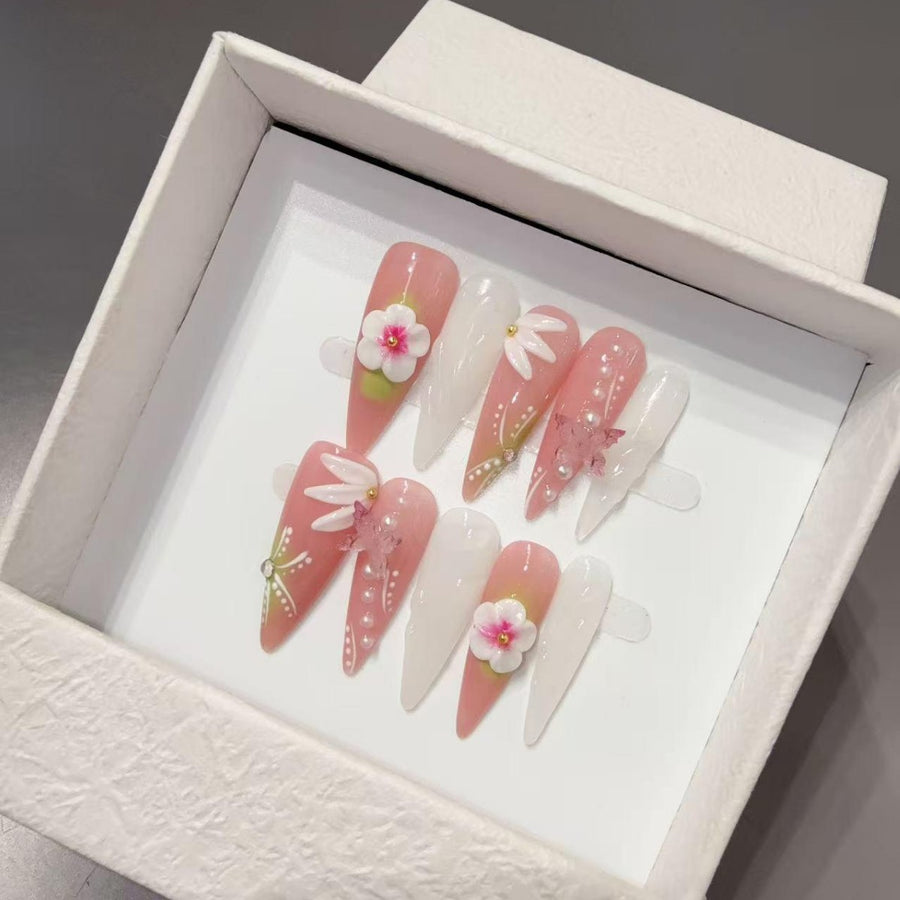 365nails: "Spring Whisper" – 3D Floral Handmade Stiletto Nails