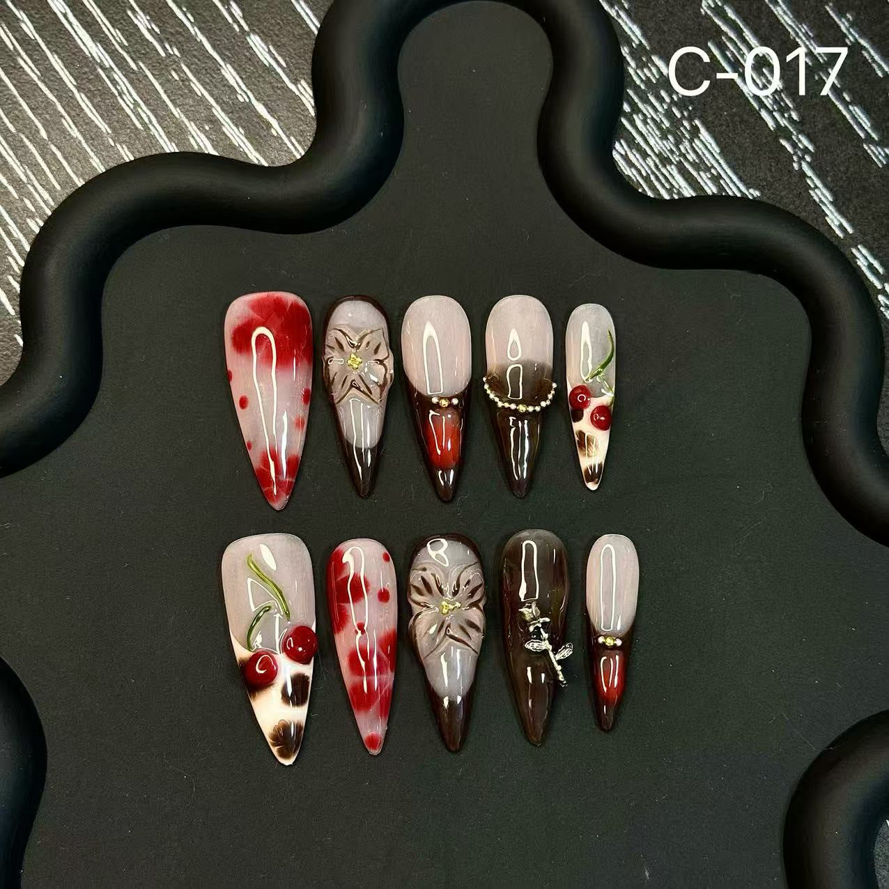 365nails: "Midnight Berries" – 3D Floral & Rhinestone Handmade Stiletto Nails