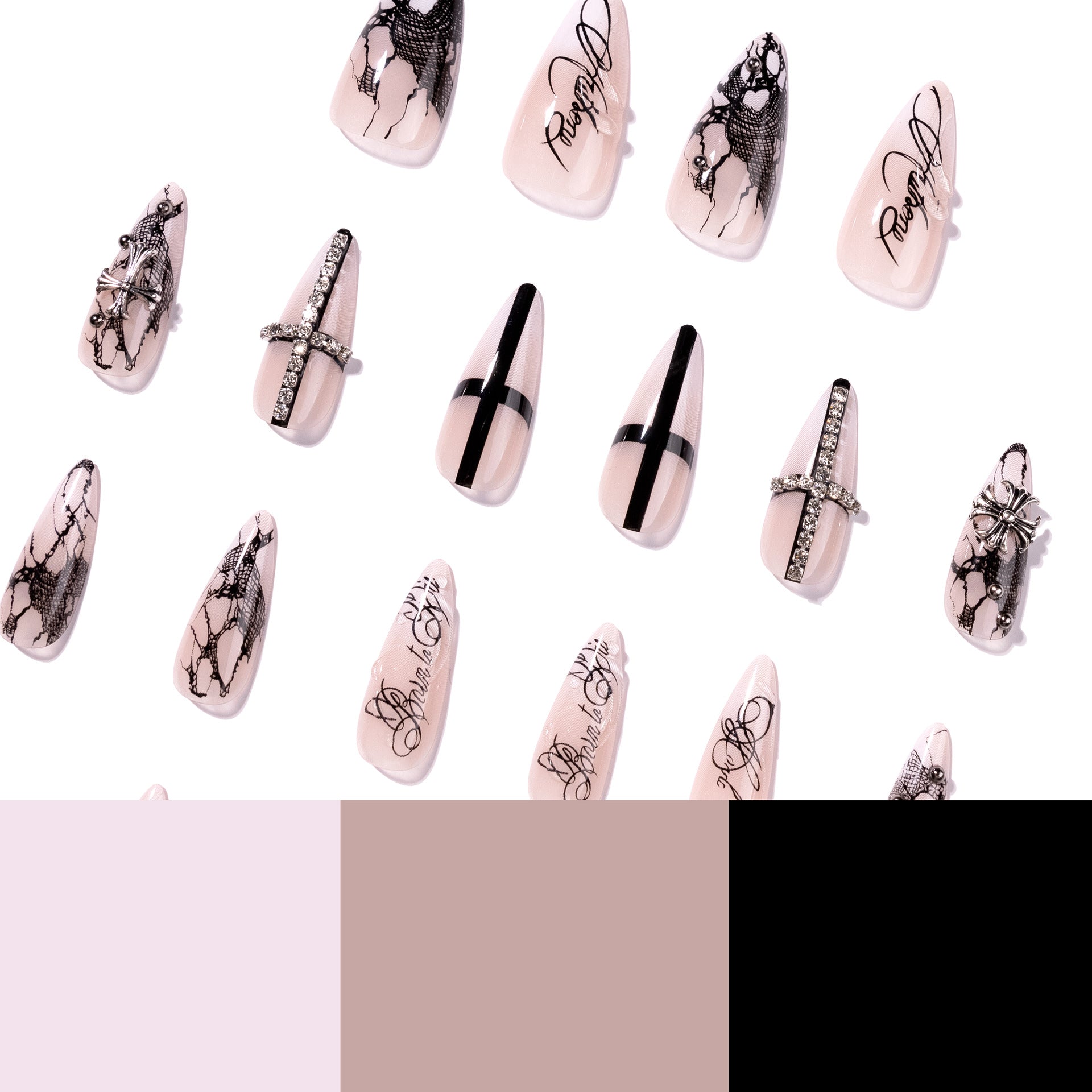 365nails: "Gothic Cross Lace Stiletto" – Rhinestone & Letter Press-on Nails