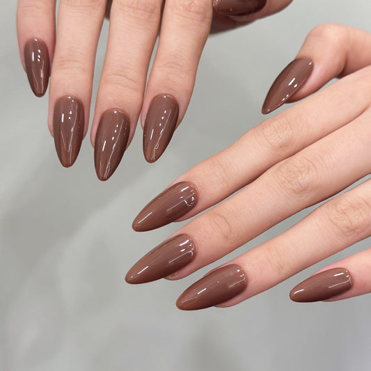 Solid color whitening simple almond nail glossy Maillard brown hand and foot set handmade nails | 365nails