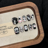 Cute Black White Cartoon Halloween Skeleton Press On Nails