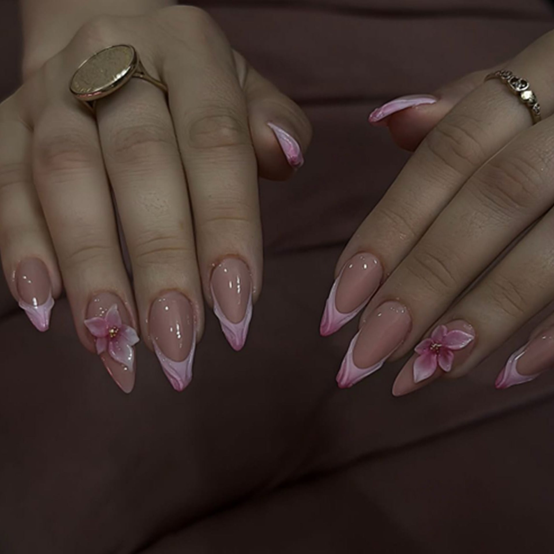 365nails: "Pink Swirl French with 3D Flower Almond" – Elegant Press-on Nails