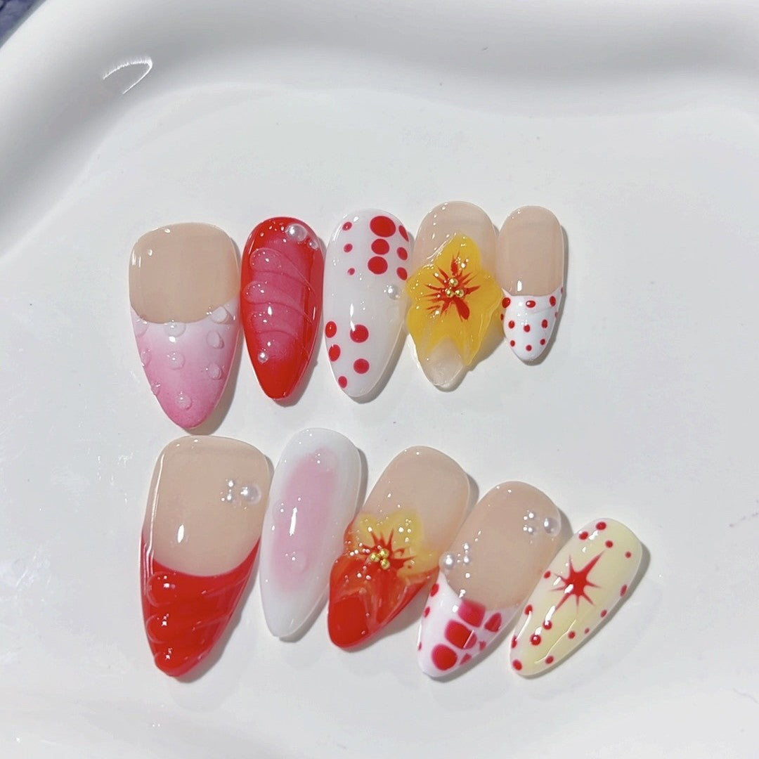 365nails：草莓花漾 — 中長款杏仁形 紅黃水果花卉 手工製穿戴甲
